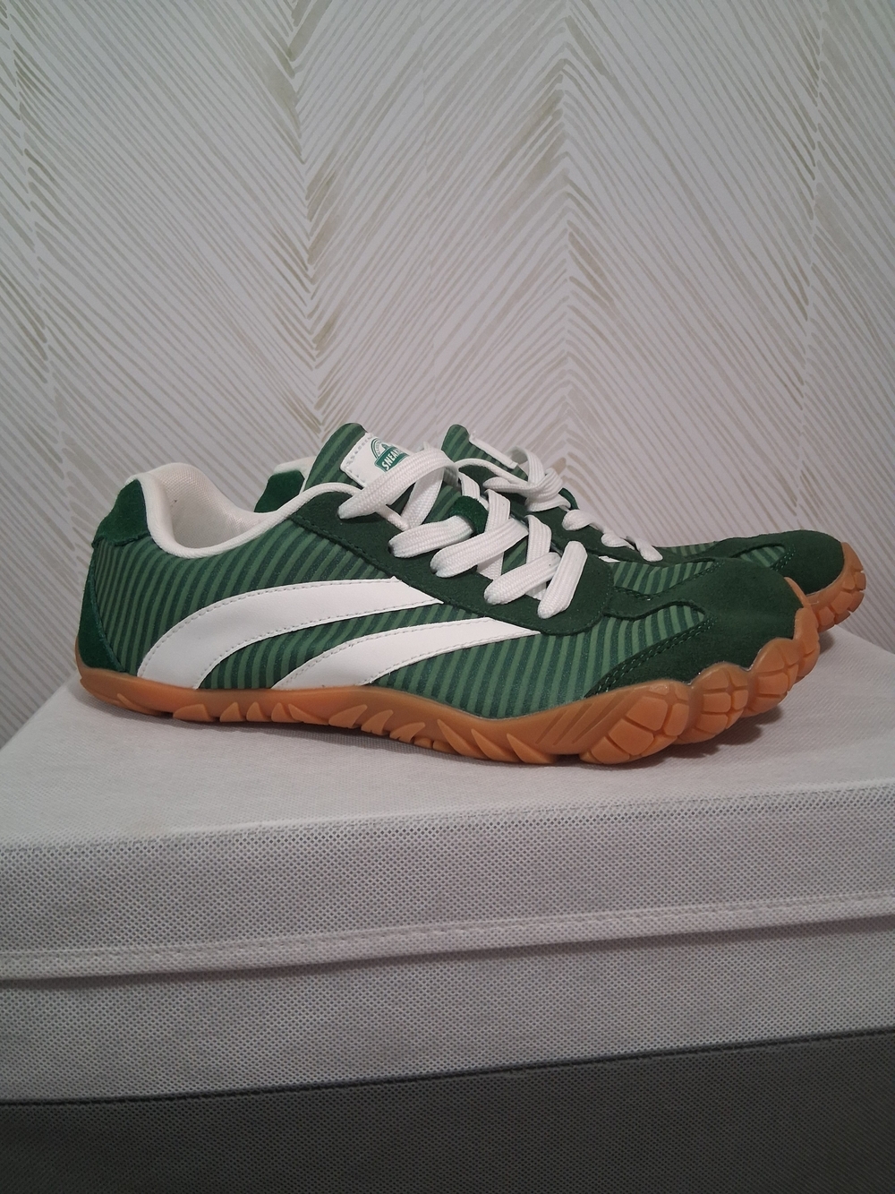 Green Striped Low-Profile Sneakers with White Accents